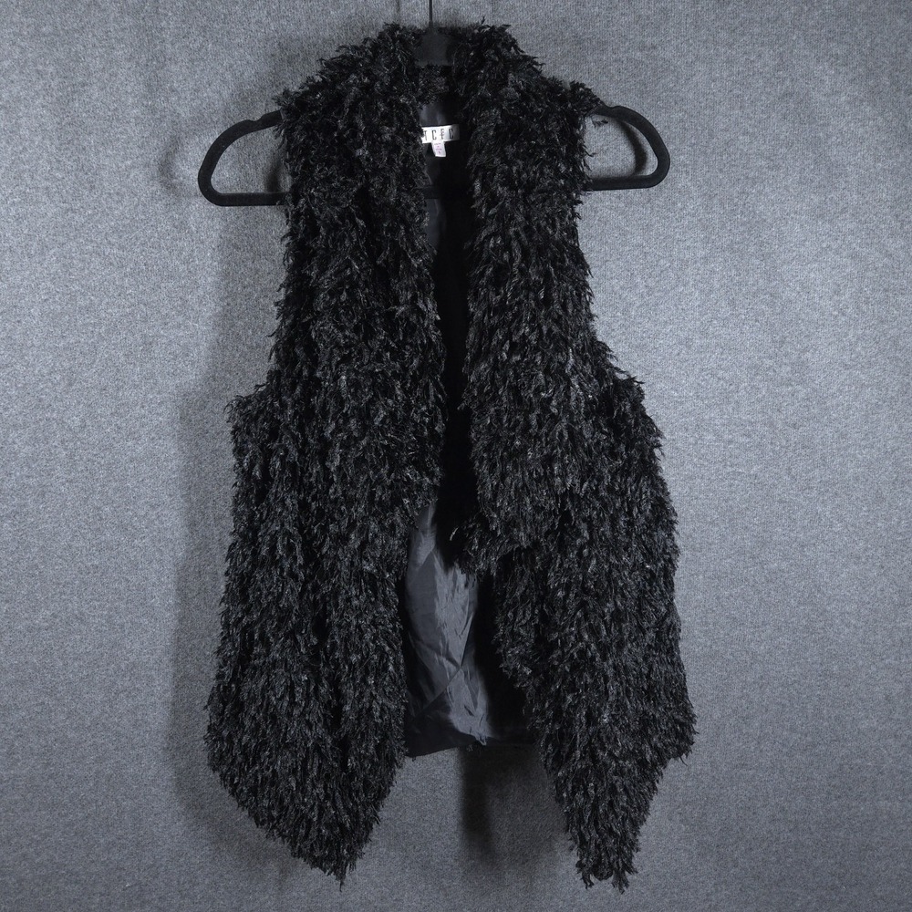 TCEC‎ Womens Black Shaggy Fuzzy Yarn Vest Faux Fur Look Open Front Size Small
